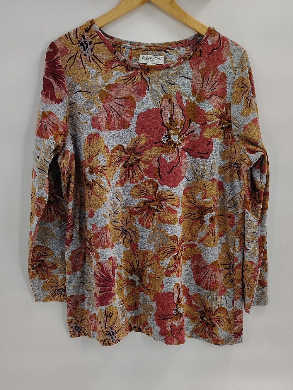 Coldwater Creek Top Size Large Pullover Floral Print Long Sleeve Gray Pink